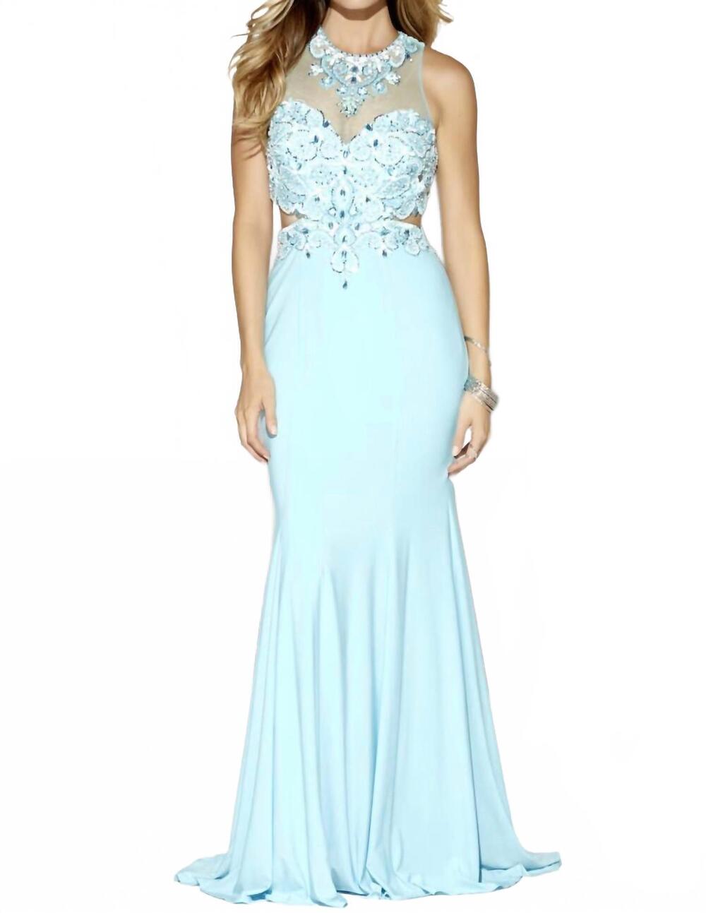 NEW JOSH & JAZZ beaded jersey side cutouts prom dress in turquoise